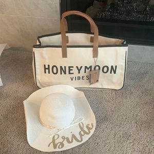 New Honeymoon Vibes  Canvas Tote and Fetti Bride Sun Hat